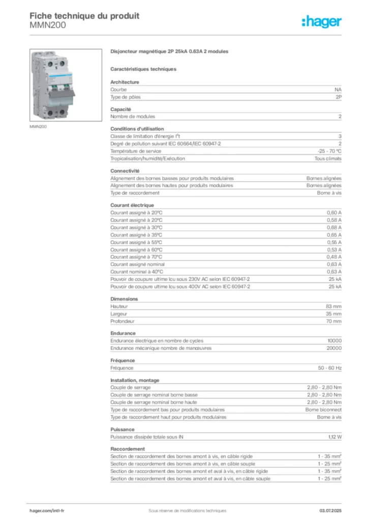 Image Hager Fiche technique du produit MMN200 | Hager Afrique