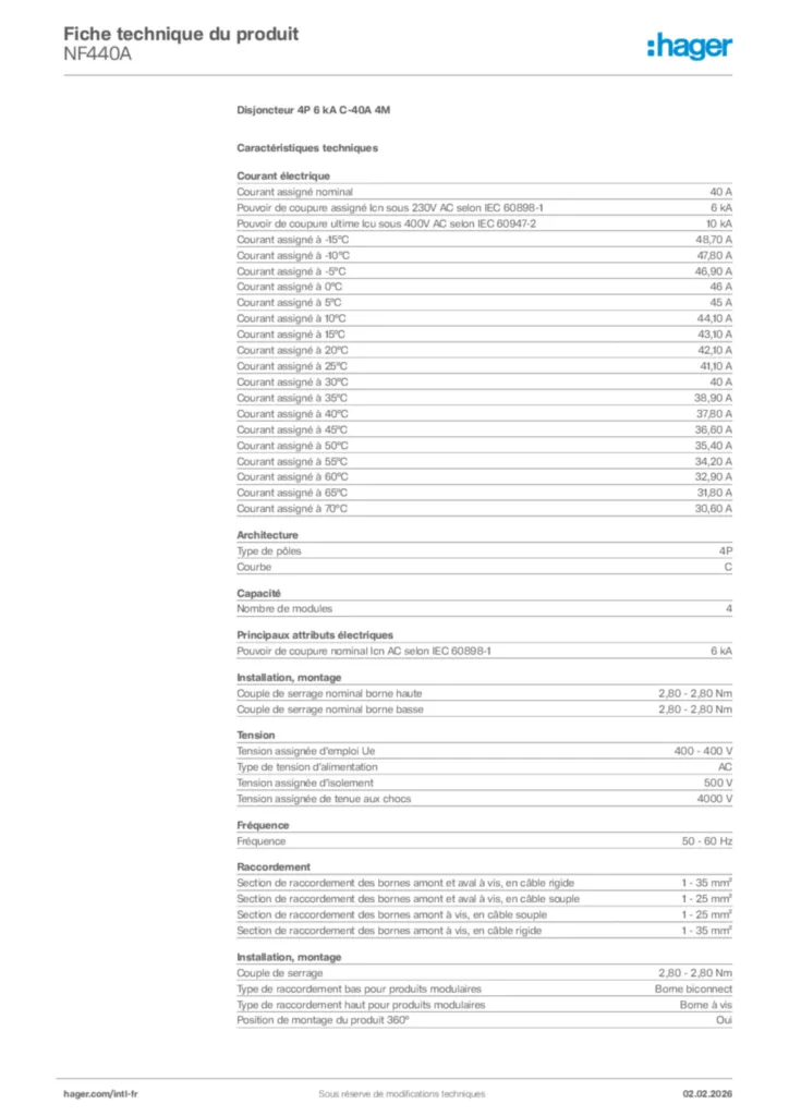 Image Hager Fiche technique du produit NF440A | Hager Afrique