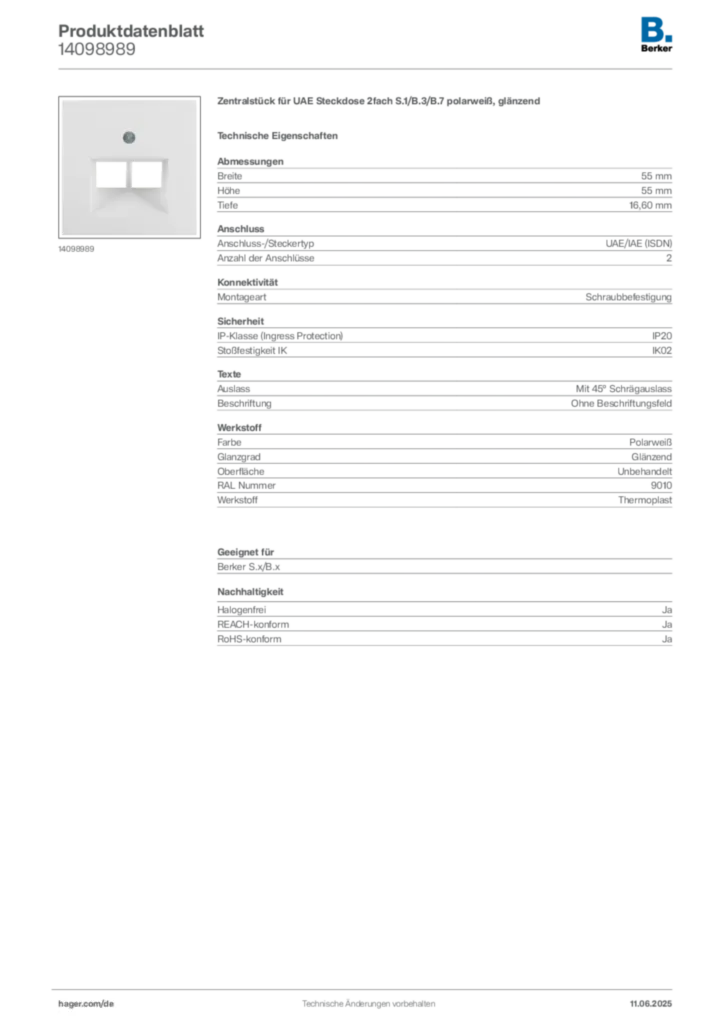 Bild Berker Produktdatenblatt 14098989 | Hager Deutschland