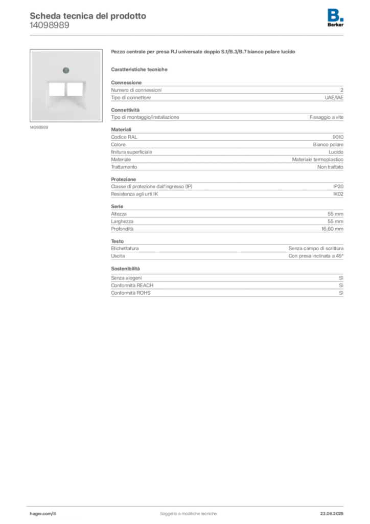 Immagine Berker Scheda tecnica del prodotto 14098989 | Hager Italia