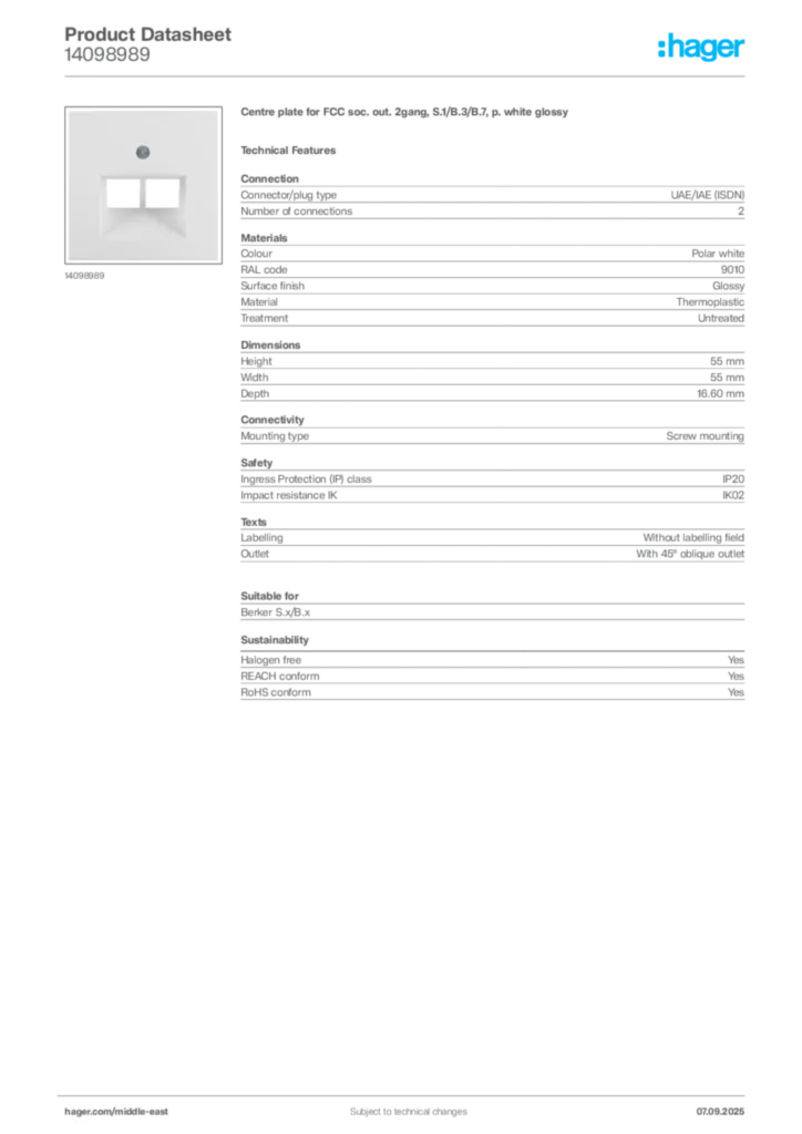 Image Hager Product data sheet 14098989  | Hager