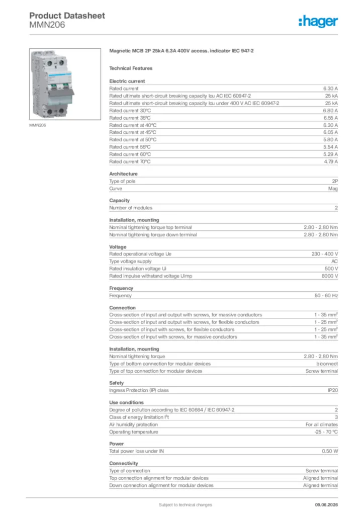 Image Hager Product data sheet MMN206  | Hager Africa