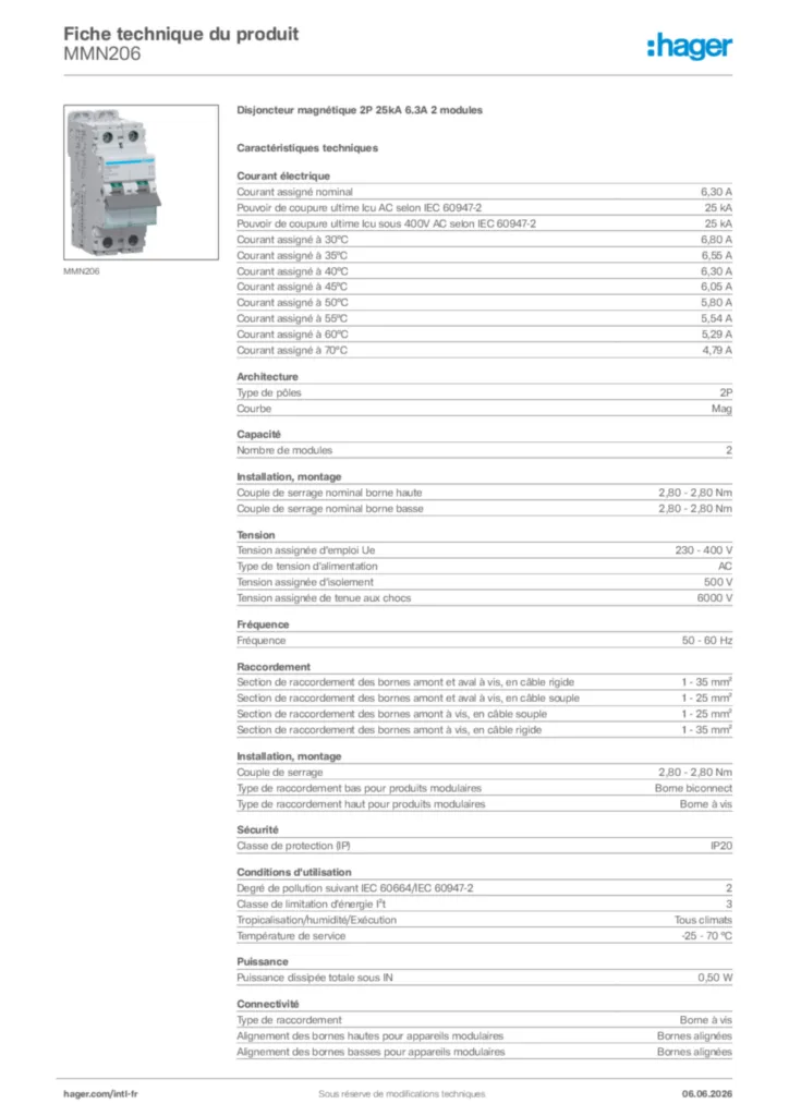 Image Hager Fiche technique du produit MMN206 | Hager Afrique