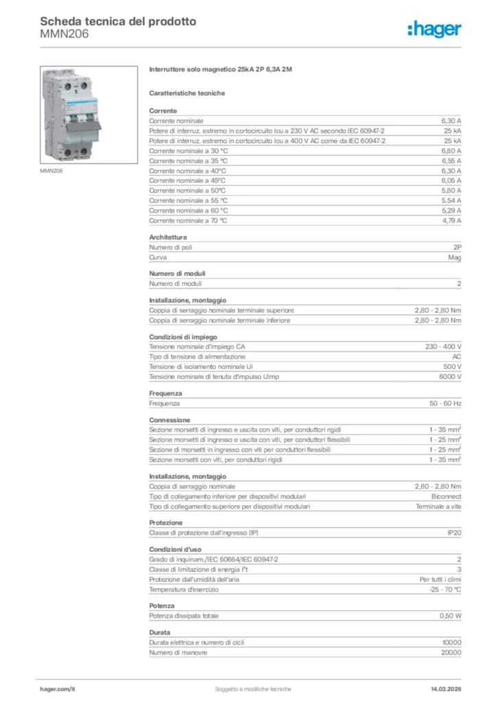 Immagine Hager Scheda tecnica del prodotto MMN206 | Hager Italia