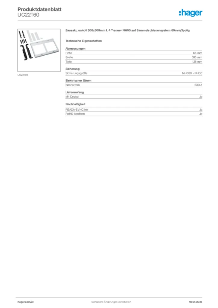 Bild Hager Produktdatenblatt UC22T60 | Hager Deutschland