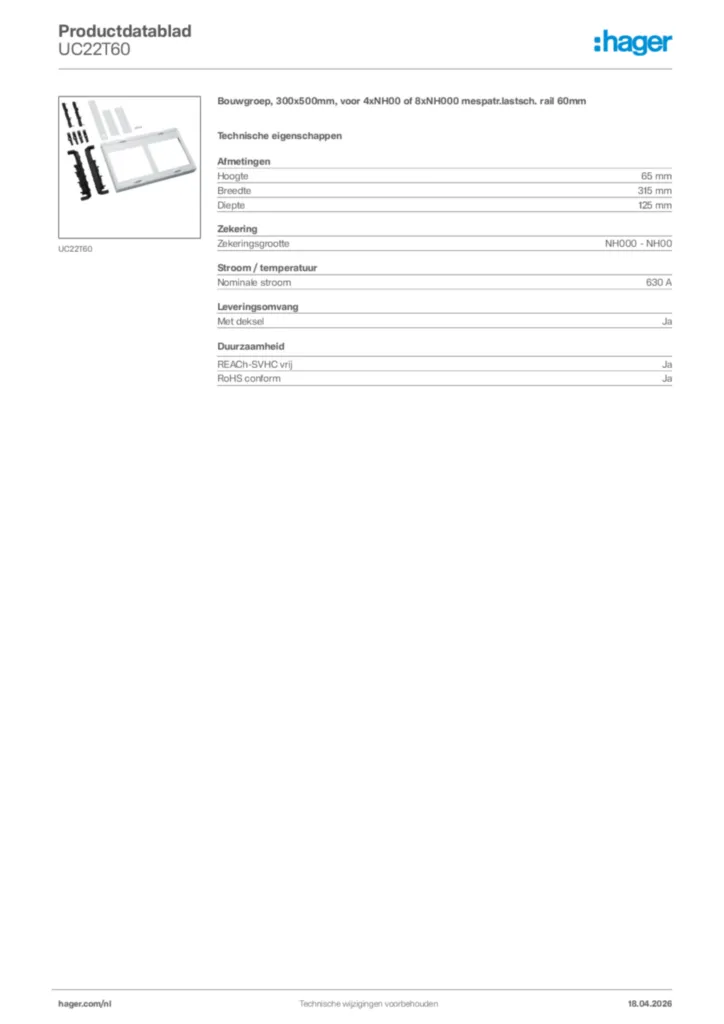 Afbeelding Hager Productdatablad UC22T60 | Hager Nederland