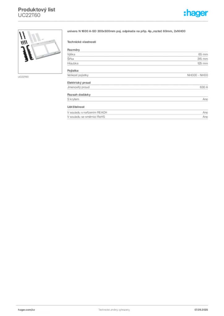 Obrázek Hager Produktový list UC22T60 | Hager