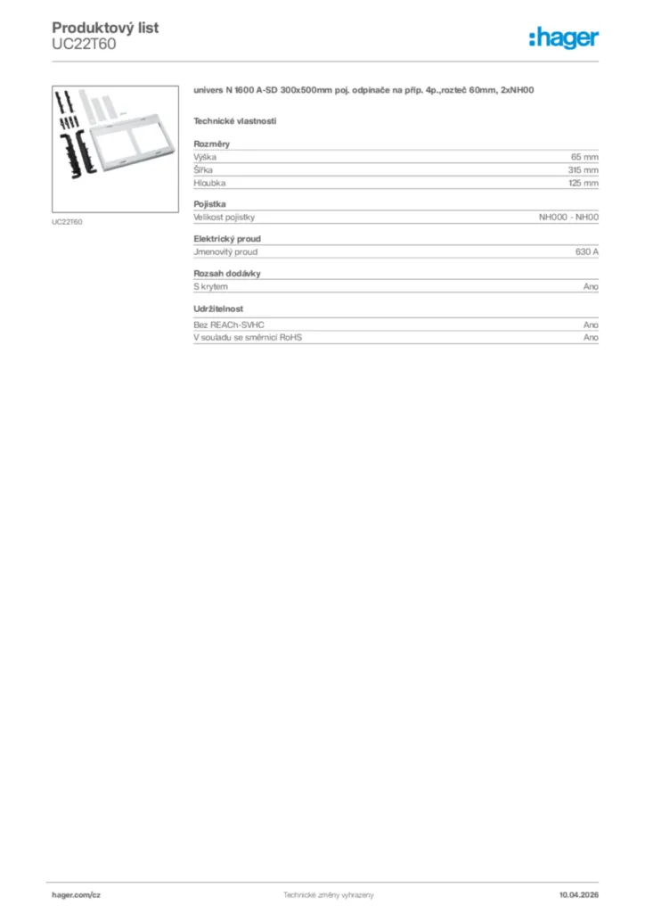 Obrázek Hager Product data sheet UC22T60 | Hager