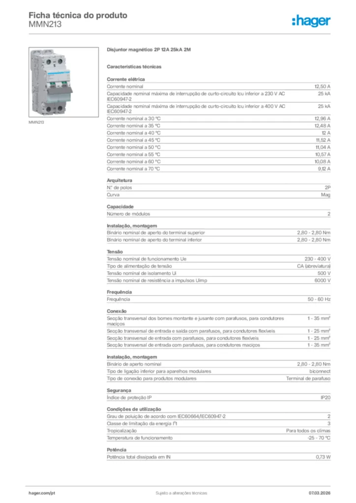 Imagem Hager Ficha técnica do produto MMN213 | Hager Portugal