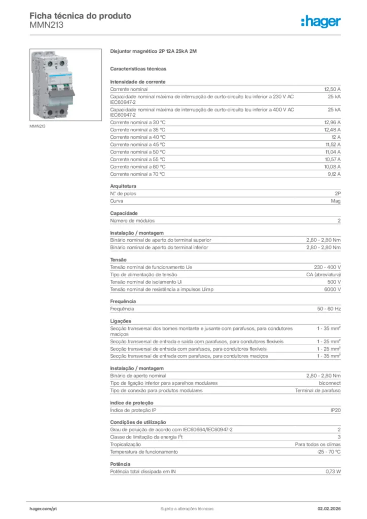 Imagem Hager Ficha técnica do produto MMN213 | Hager Portugal
