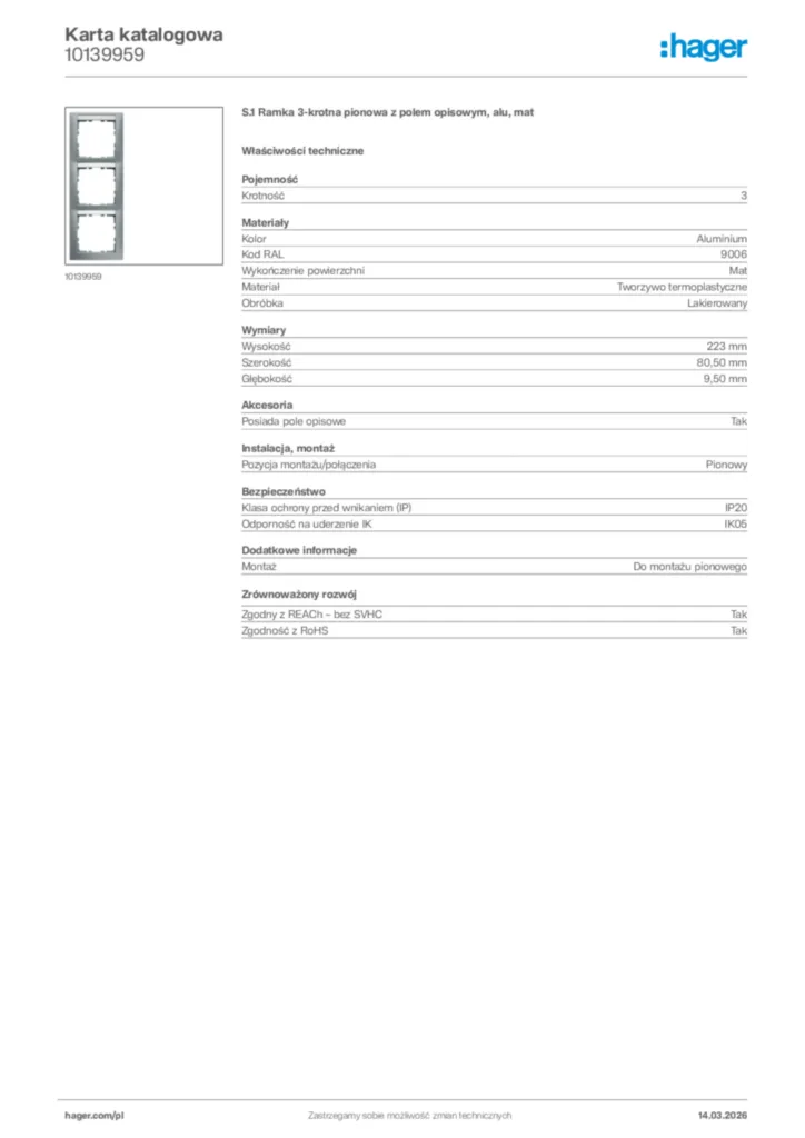 Zdjęcie Hager Karta katalogowa 10139959 | Hager Polska