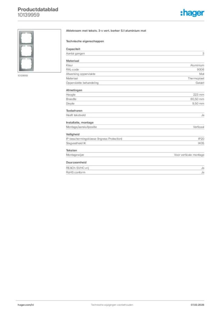 Afbeelding Hager Productdatablad 10139959 | Hager Nederland
