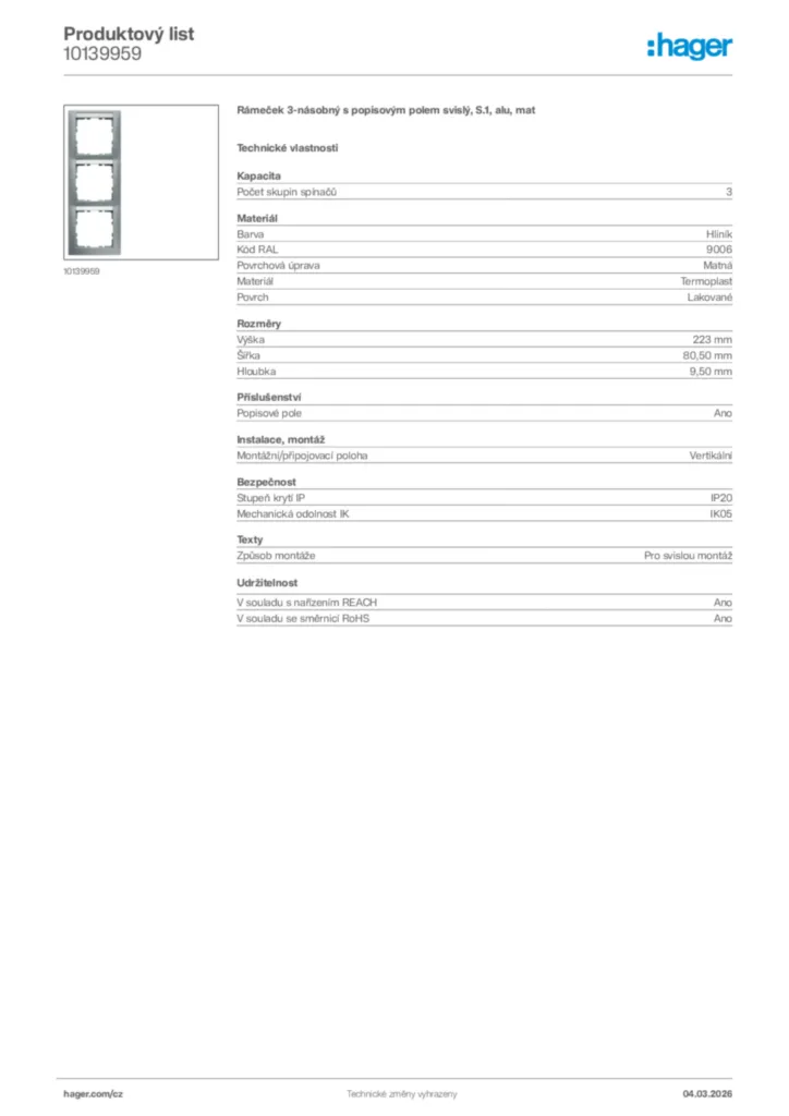 Obrázek Hager Product data sheet 10139959 | Hager