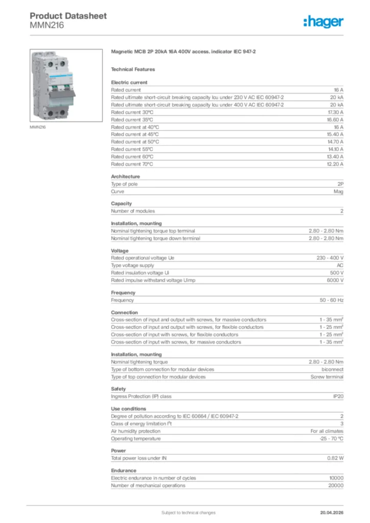 Image Hager Product data sheet MMN216  | Hager Africa