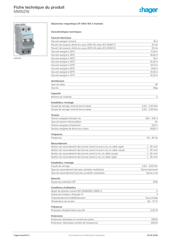 Image Hager Fiche technique du produit MMN216 | Hager Afrique