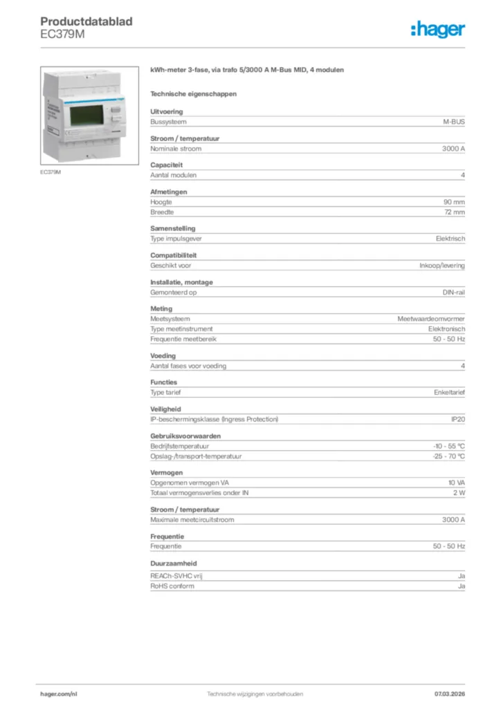 Afbeelding Hager Productdatablad EC379M | Hager Nederland