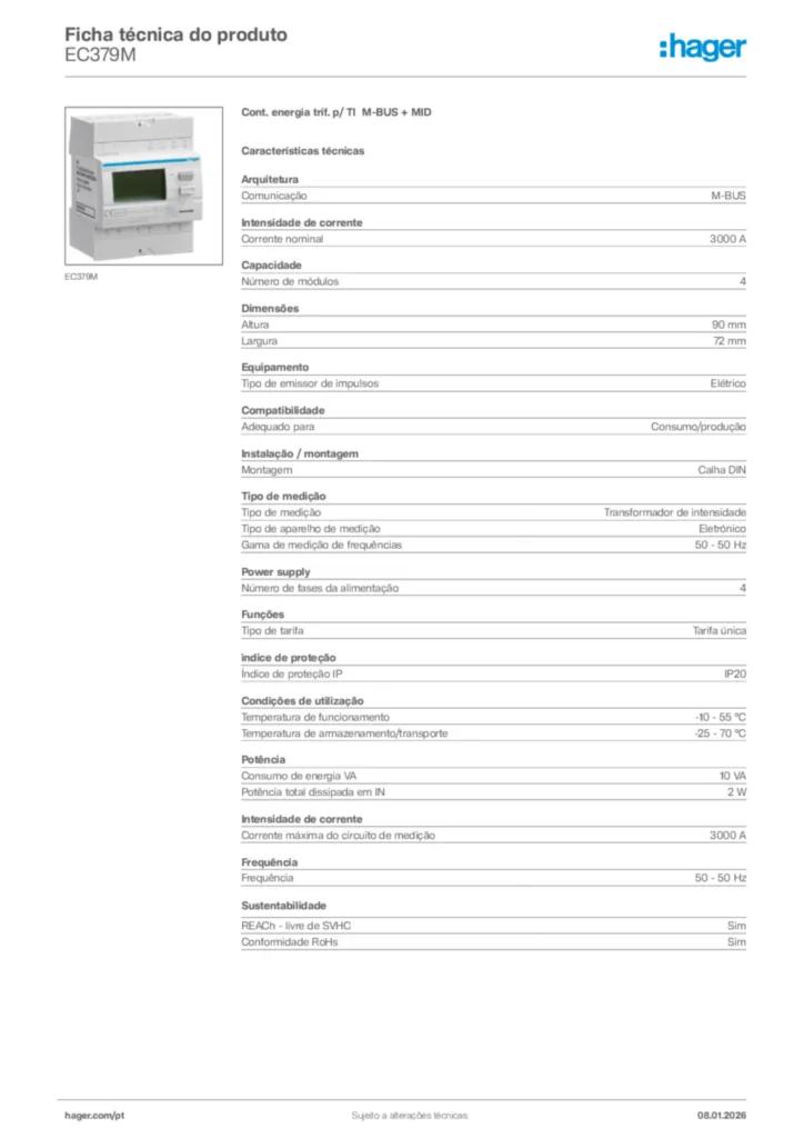 Imagem Hager Ficha técnica do produto EC379M | Hager Portugal