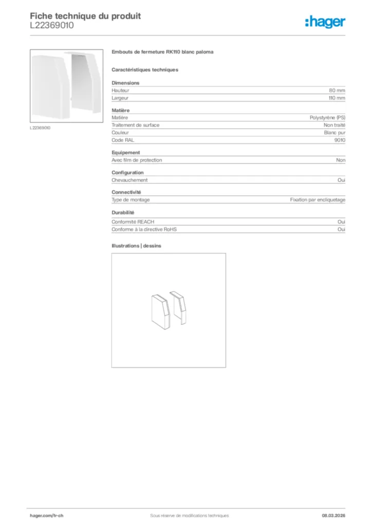 Image Hager Fiche technique du produit L22369010 | Hager Suisse