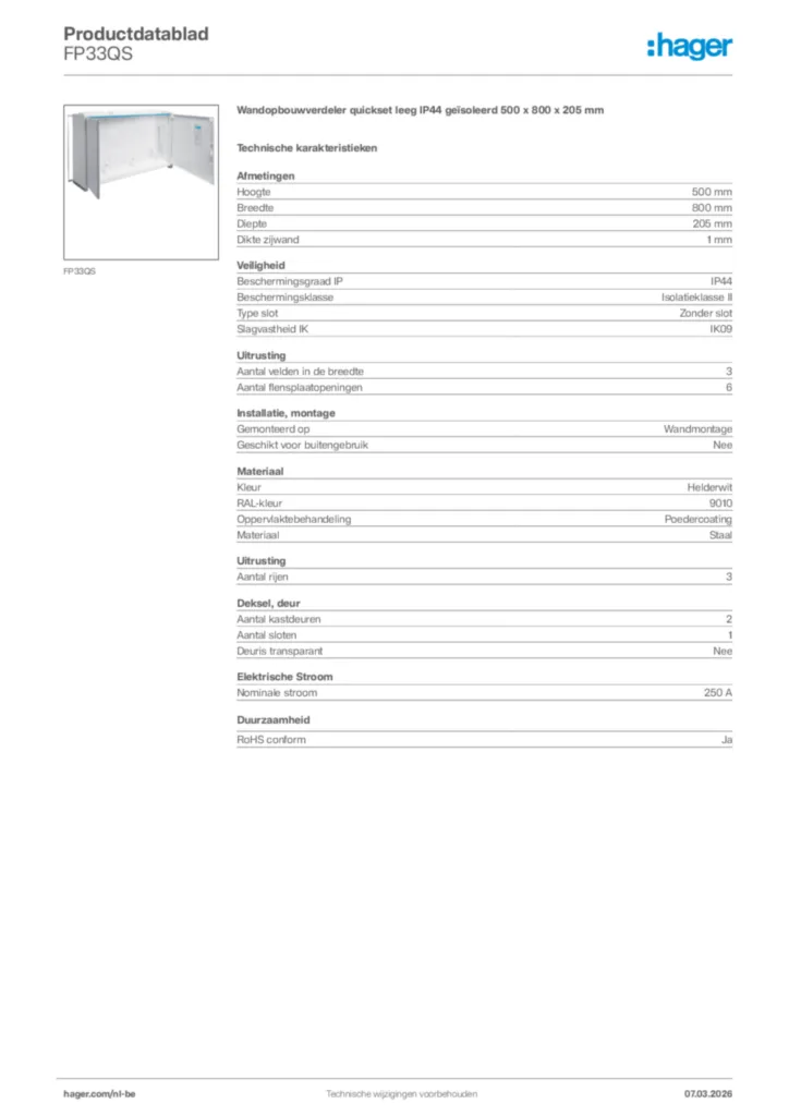 Afbeelding Hager Productdatablad FP33QS | Hager Belgium