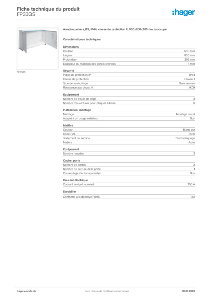 Image Hager Fiche technique du produit FP33QS | Hager Suisse