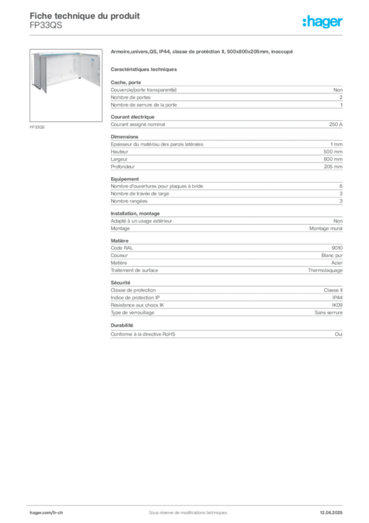 Image Hager Fiche technique du produit FP33QS | Hager Suisse