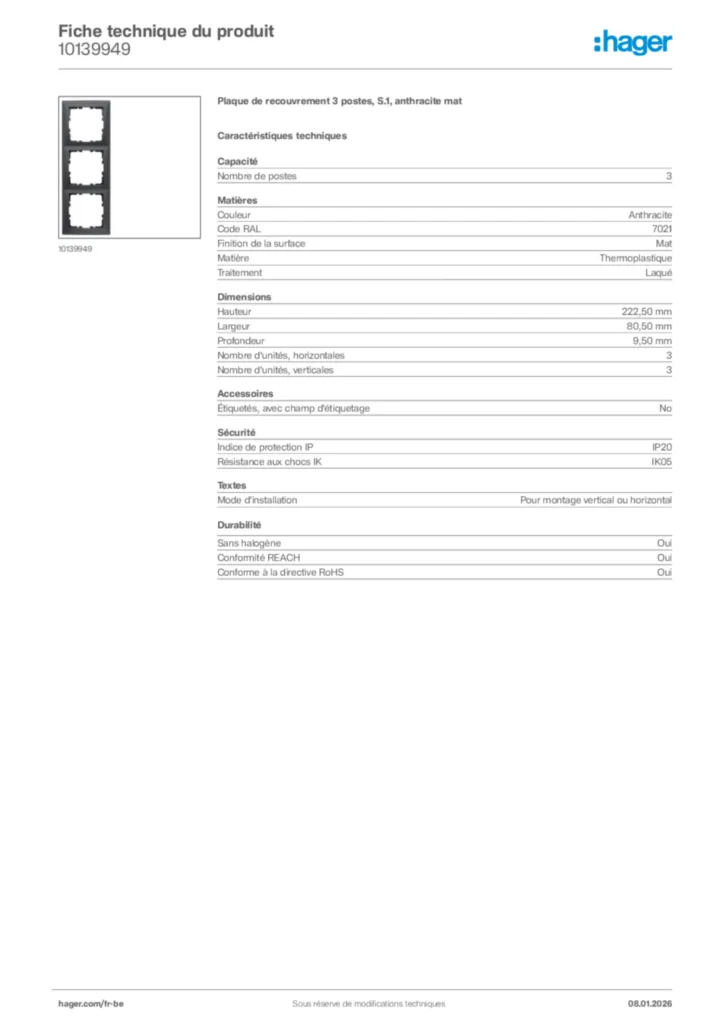 Image Hager Fiche technique du produit 10139949 | Hager Belgique