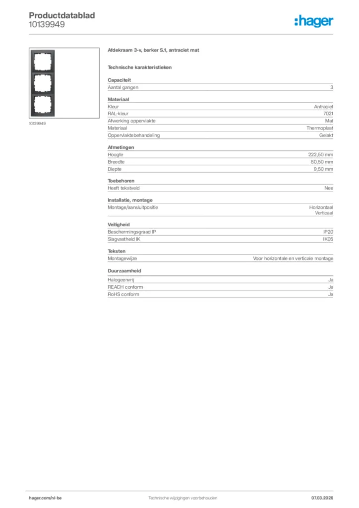 Afbeelding Hager Productdatablad 10139949 | Hager Belgium