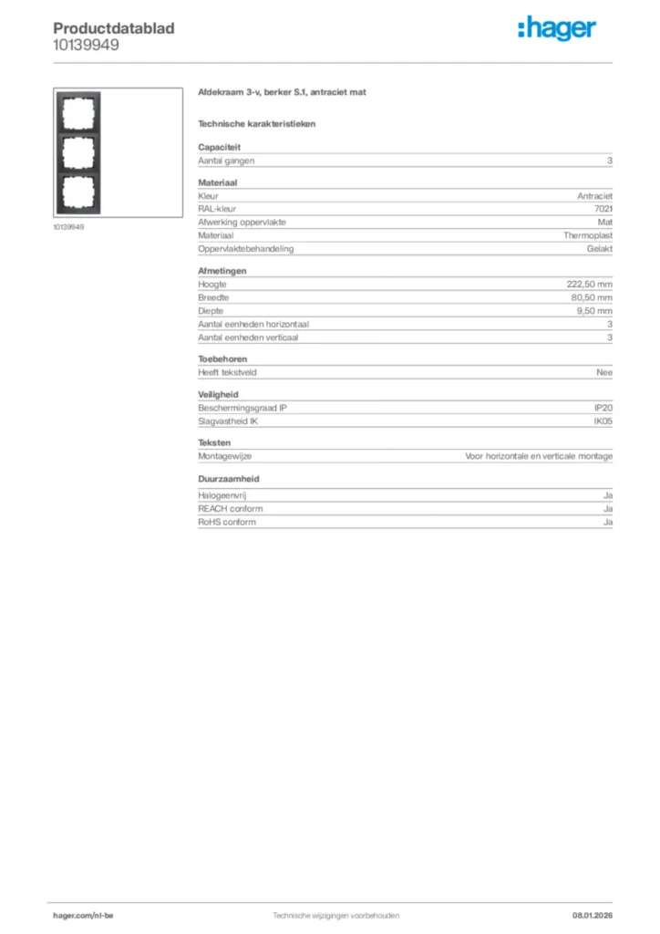 Afbeelding Hager Productdatablad 10139949 | Hager Belgium