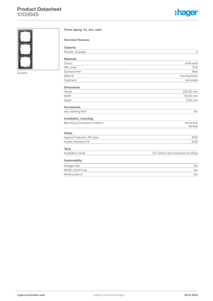 Image Hager Product data sheet 10139949  | Hager