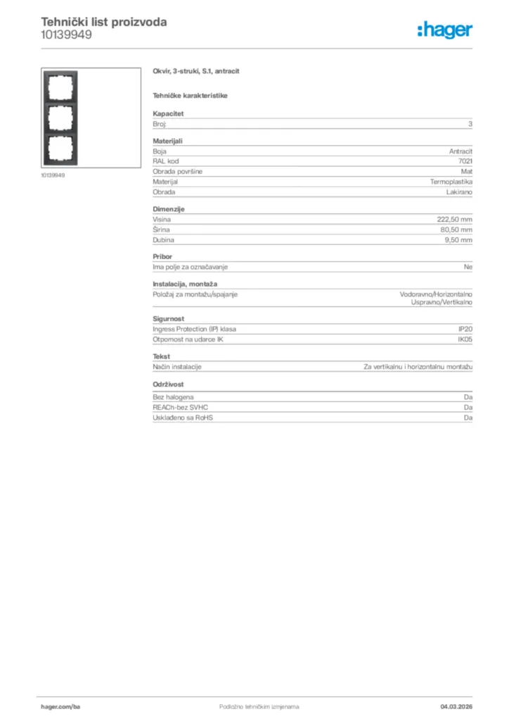 Slika Hager Tehnički list proizvoda 10139949  | Hager