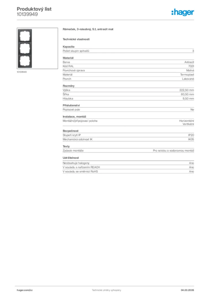 Obrázek Hager Product data sheet 10139949 | Hager