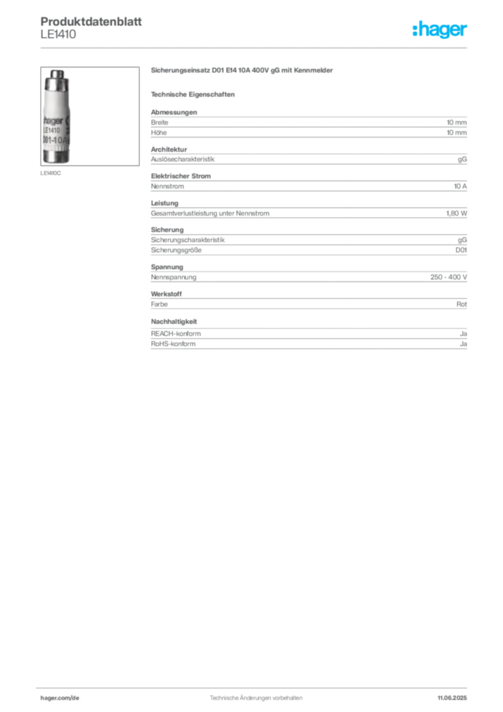 Bild Hager Produktdatenblatt LE1410 | Hager Deutschland