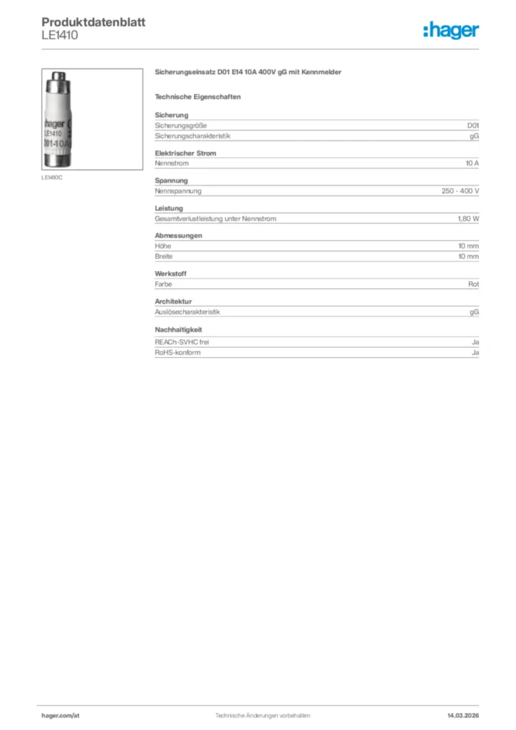 Bild Hager Produktdatenblatt LE1410 | Hager Deutschland