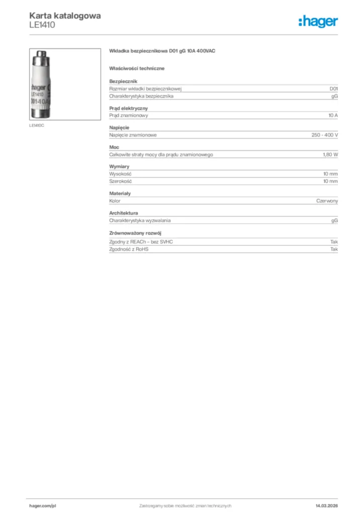 Zdjęcie Hager Karta katalogowa LE1410 | Hager Polska
