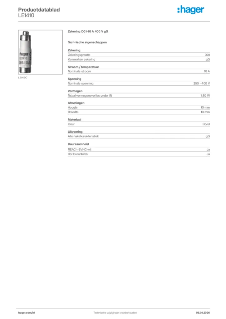 Afbeelding Hager Productdatablad LE1410 | Hager Nederland