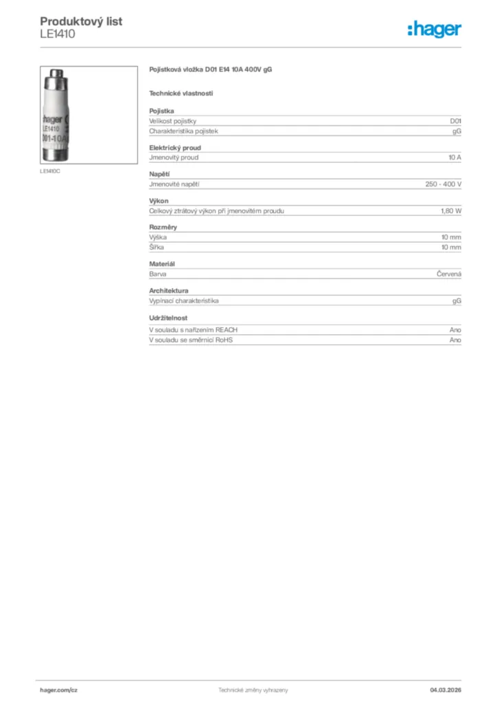 Obrázek Hager Product data sheet LE1410 | Hager