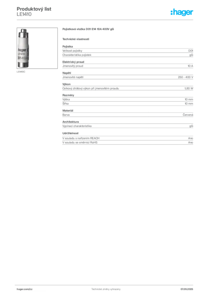 Obrázek Hager Produktový list LE1410 | Hager