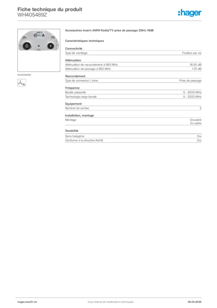 Image Hager Fiche technique du produit WH405489Z | Hager Suisse