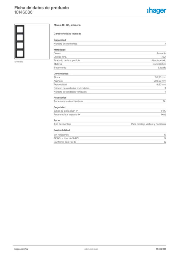 Imagen Hager Ficha de datos de producto 10146086 | Hager España