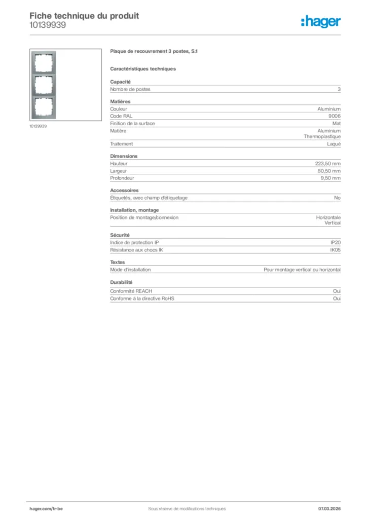 Image Hager Fiche technique du produit 10139939 | Hager Belgique