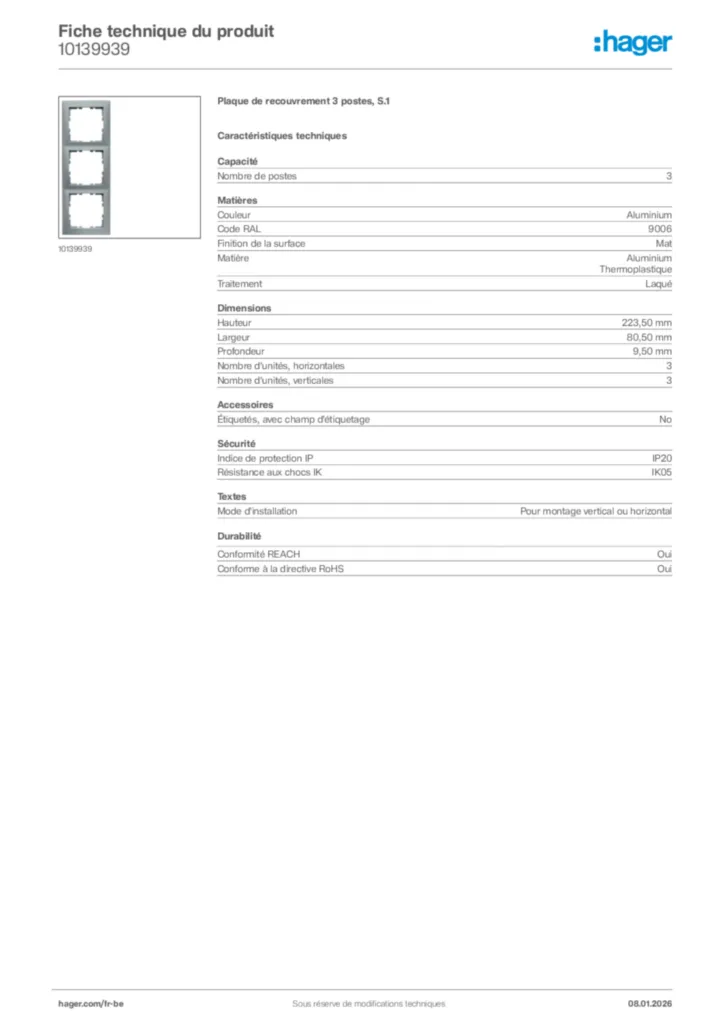 Image Hager Fiche technique du produit 10139939 | Hager Belgique