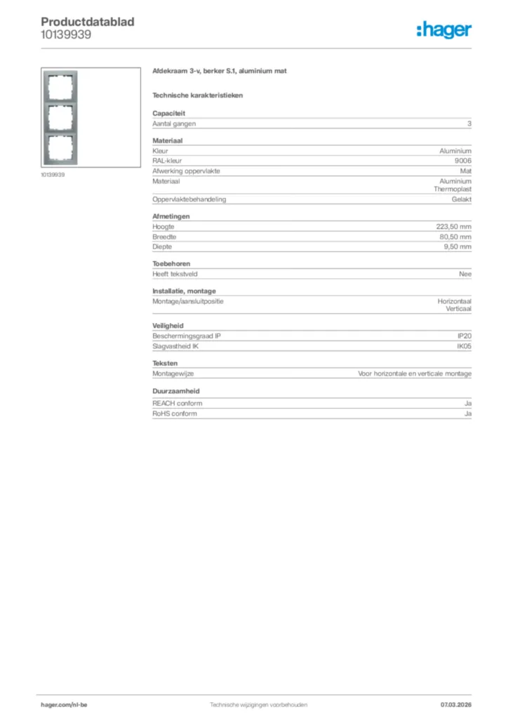 Afbeelding Hager Productdatablad 10139939 | Hager Belgium