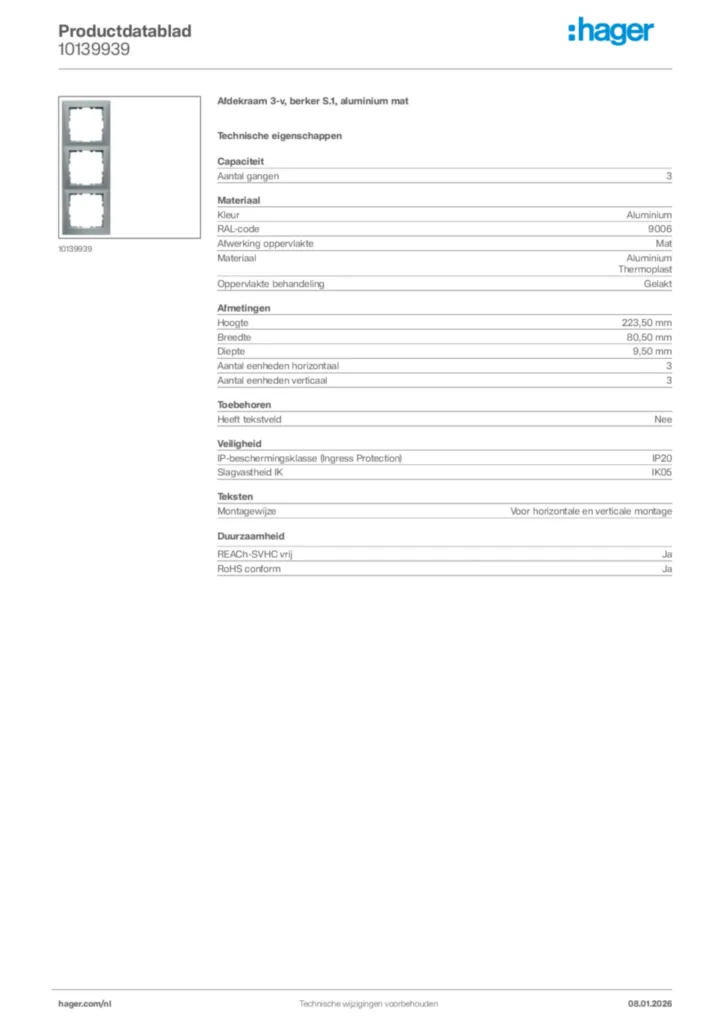 Afbeelding Hager Productdatablad 10139939 | Hager Nederland