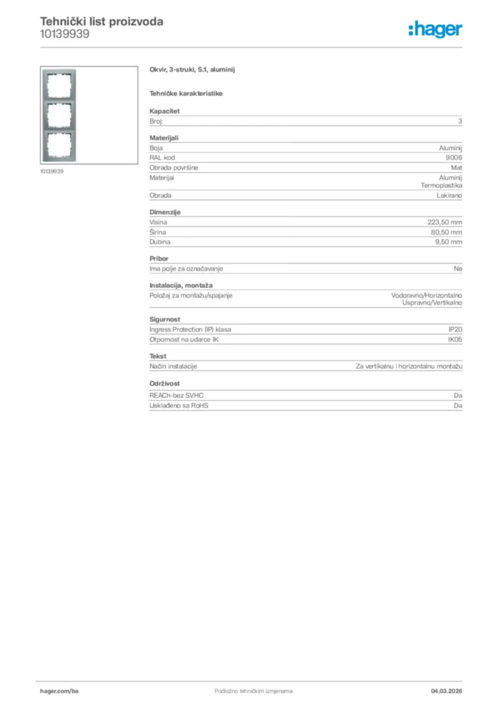 Slika Hager Tehnički list proizvoda 10139939  | Hager
