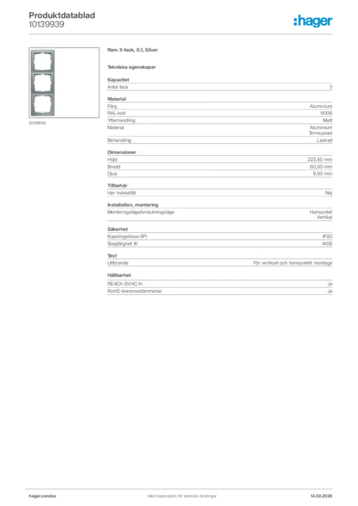 Bild Hager Produktdatablad 10139939 | Hager Sverige