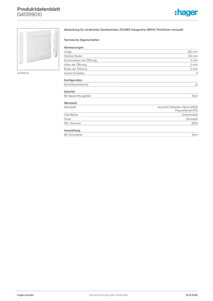 Bild Hager Produktdatenblatt G41399010 | Hager Deutschland