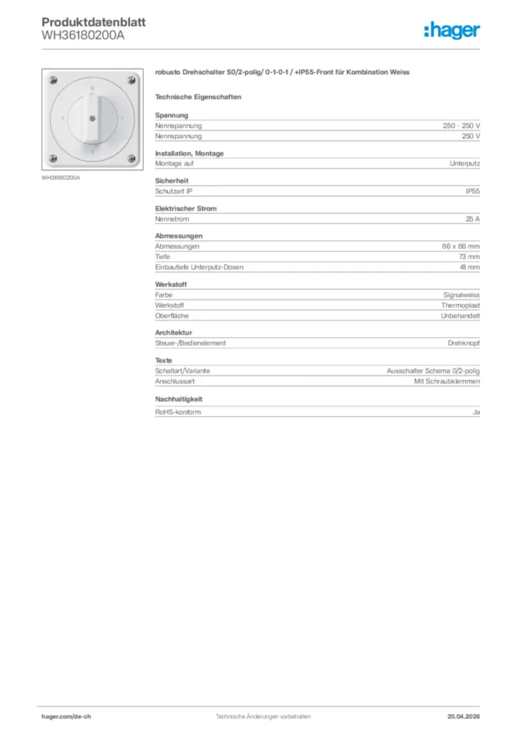 Bild Hager Produktdatenblatt WH36180200A | Hager Schweiz