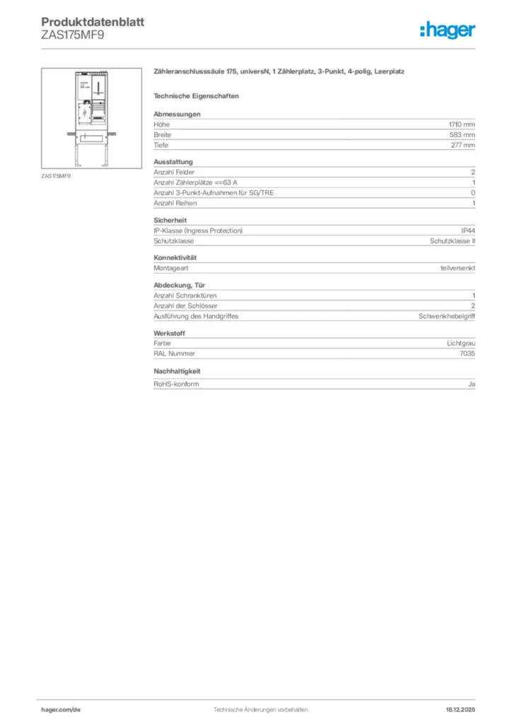 Bild Hager Produktdatenblatt ZAS175MF9 | Hager Deutschland