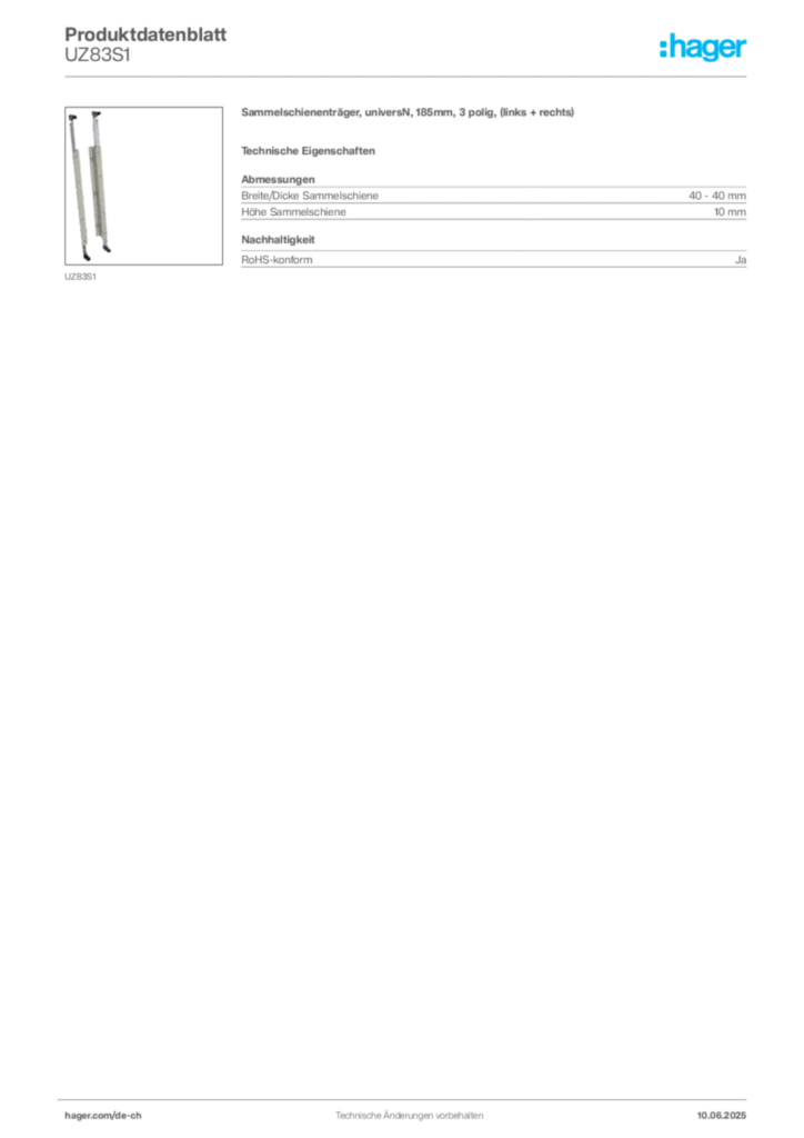Bild Hager Produktdatenblatt UZ83S1 | Hager Schweiz