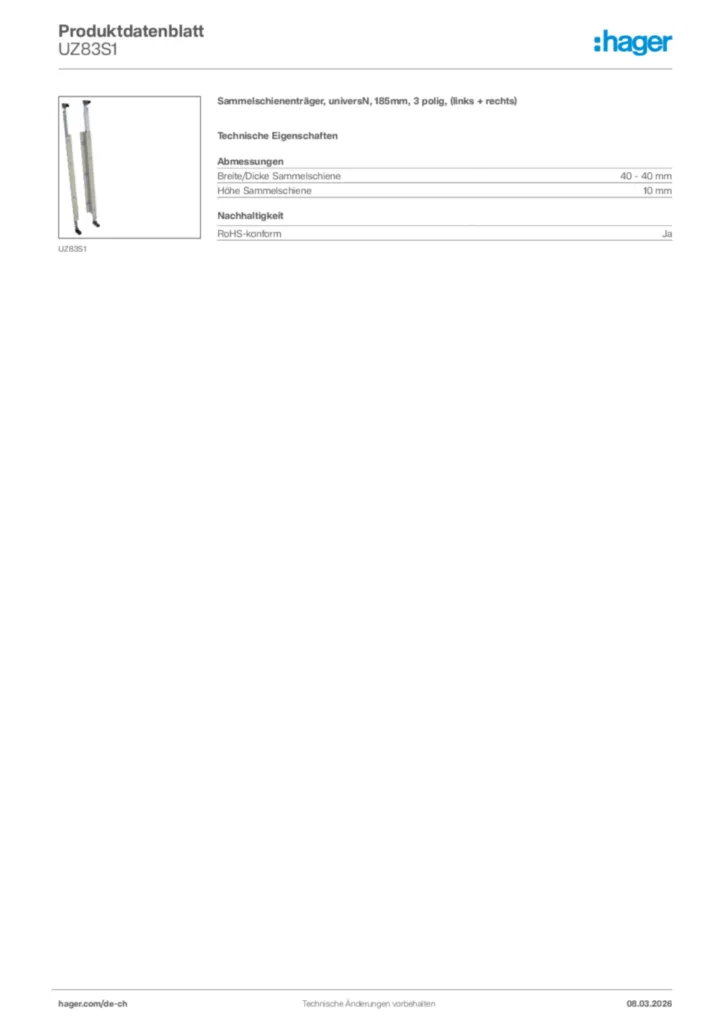 Bild Hager Produktdatenblatt UZ83S1 | Hager Schweiz